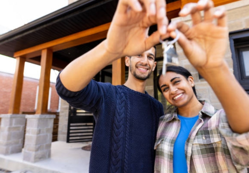 A happy couple holding the keys to their new home