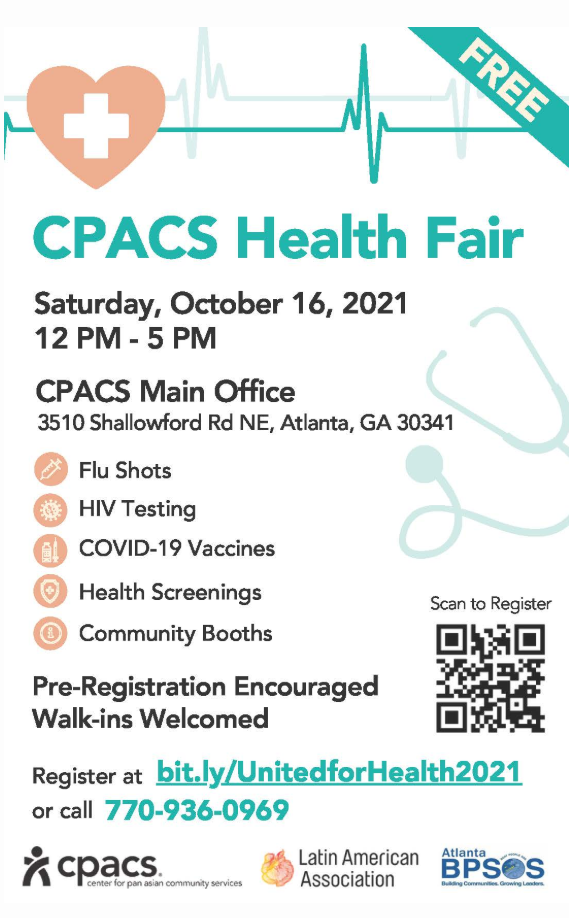 Flyer for the CPACS free health fair listing flu shots, HIV testing, COVID-19 vaccines, and health screenings