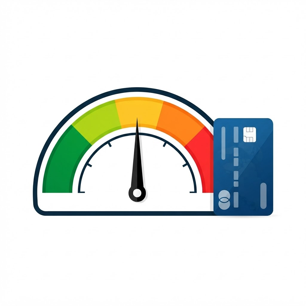 A credit card next to a utilization gauge showing credit usage