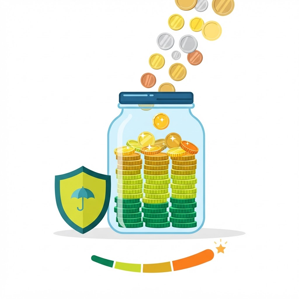 A savings jar filling with coins alongside a protection icon