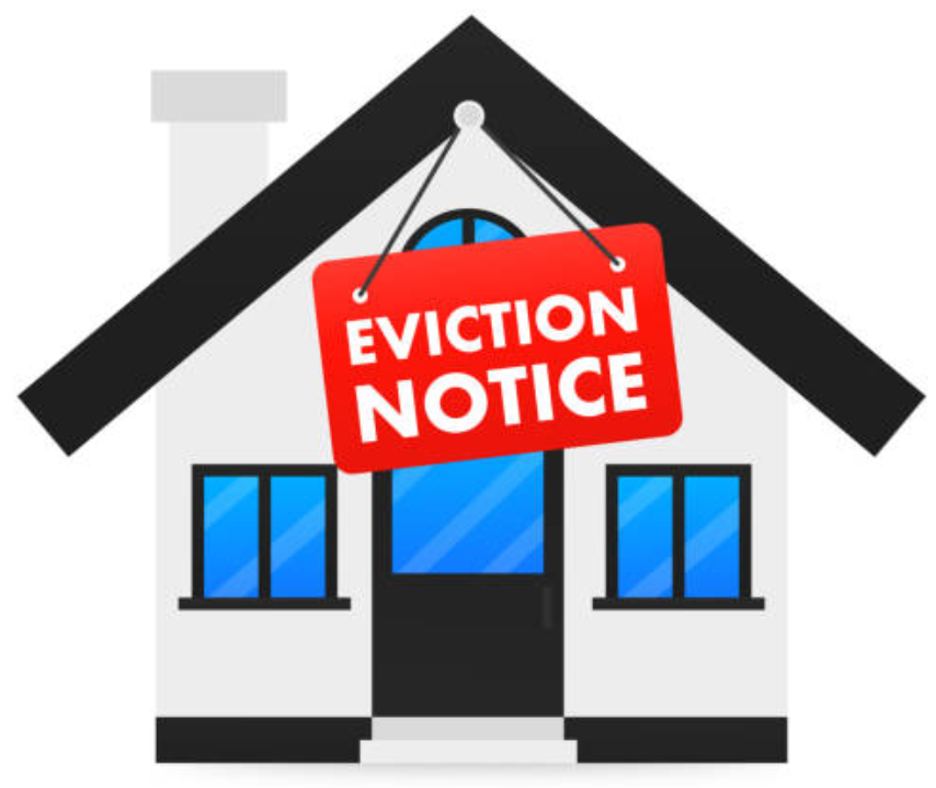 Illustration of a house with a red eviction notice sign hanging from the roof