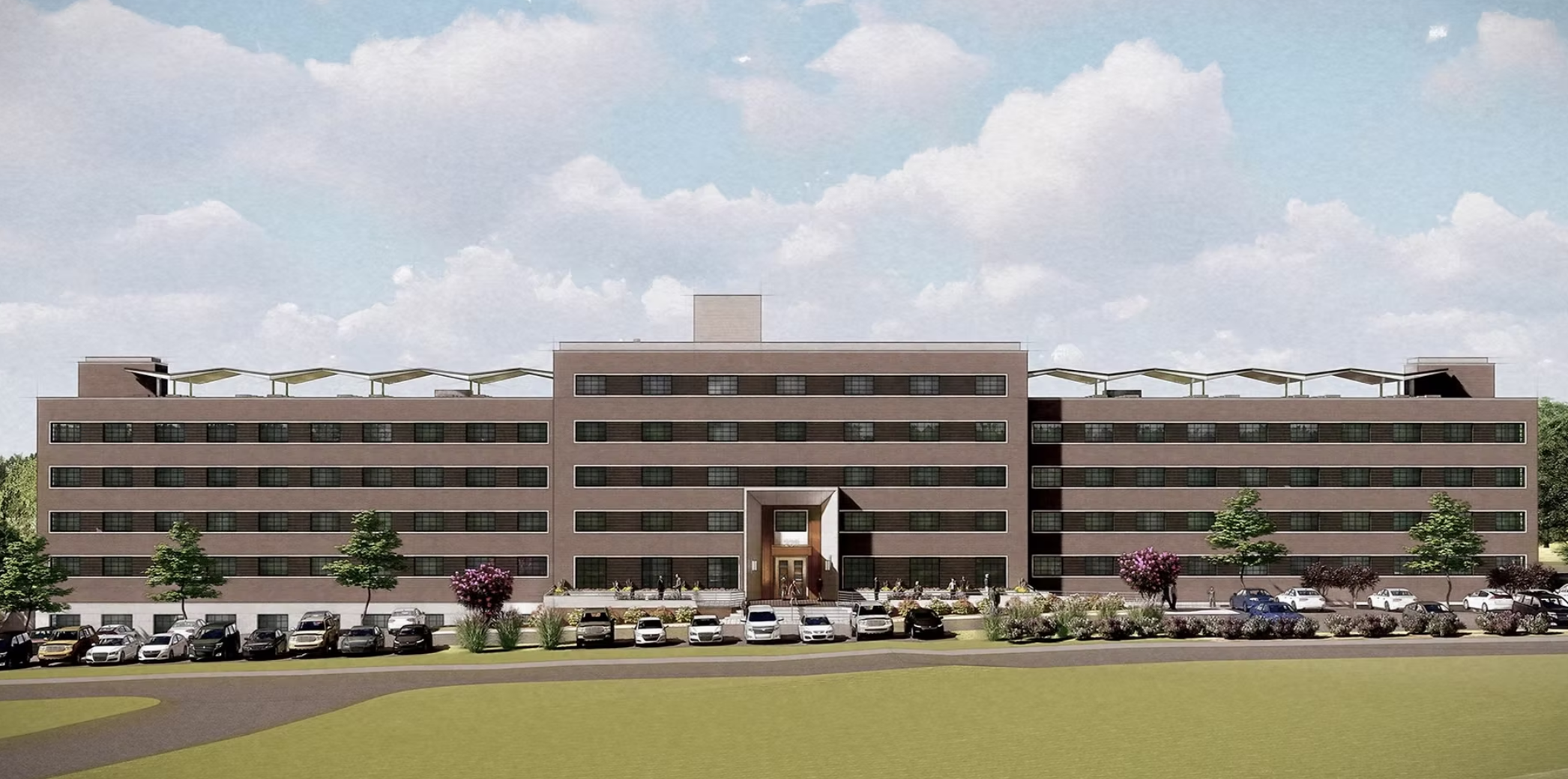 Rendering of Heritage Village at West Lake, a five-story brick building that was once the Waluhaje Hotel