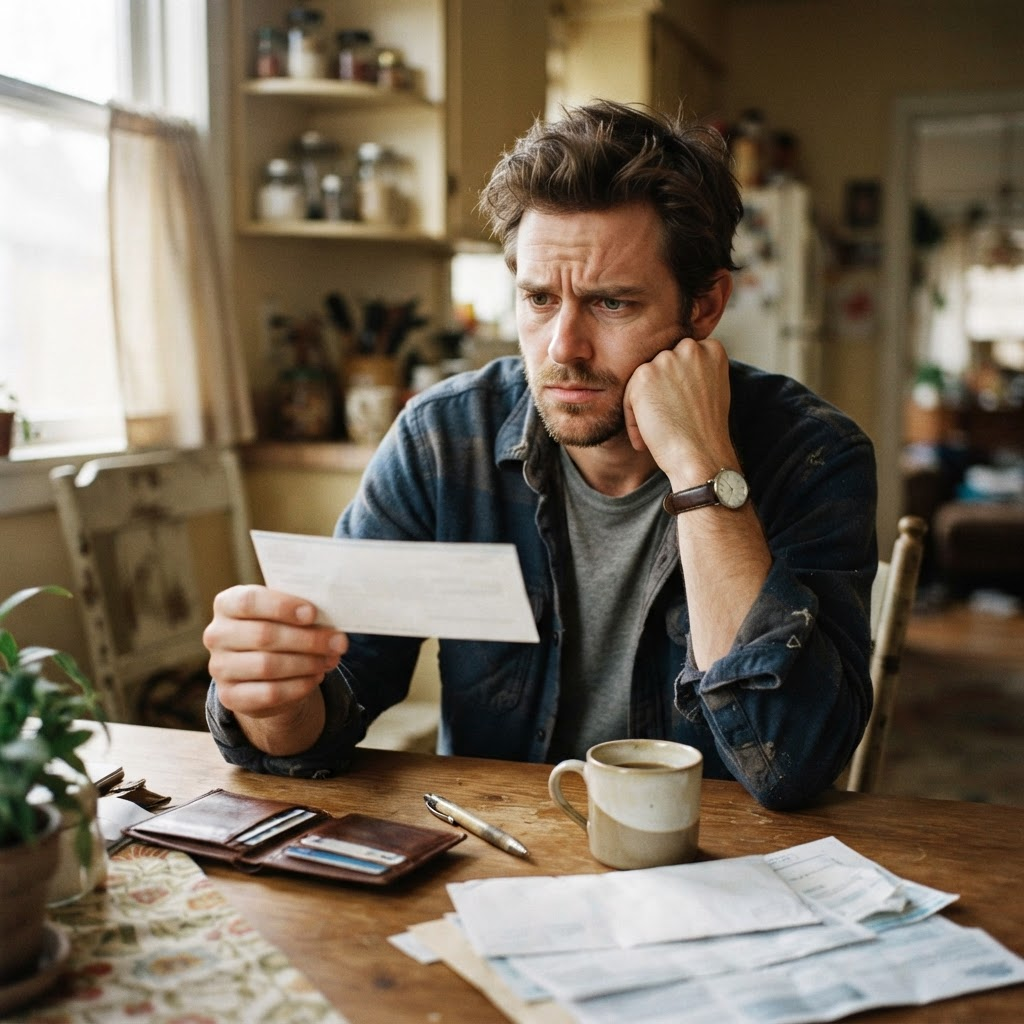 A man sitting at a kitchen table holding a paycheck and looking worried