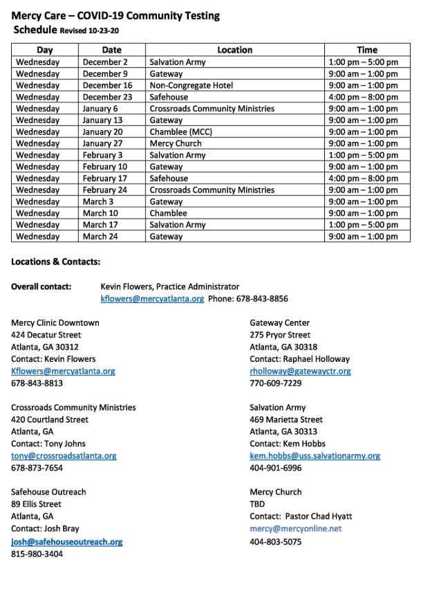 Mercy Care COVID-19 community testing schedule with dates, locations, and contact information