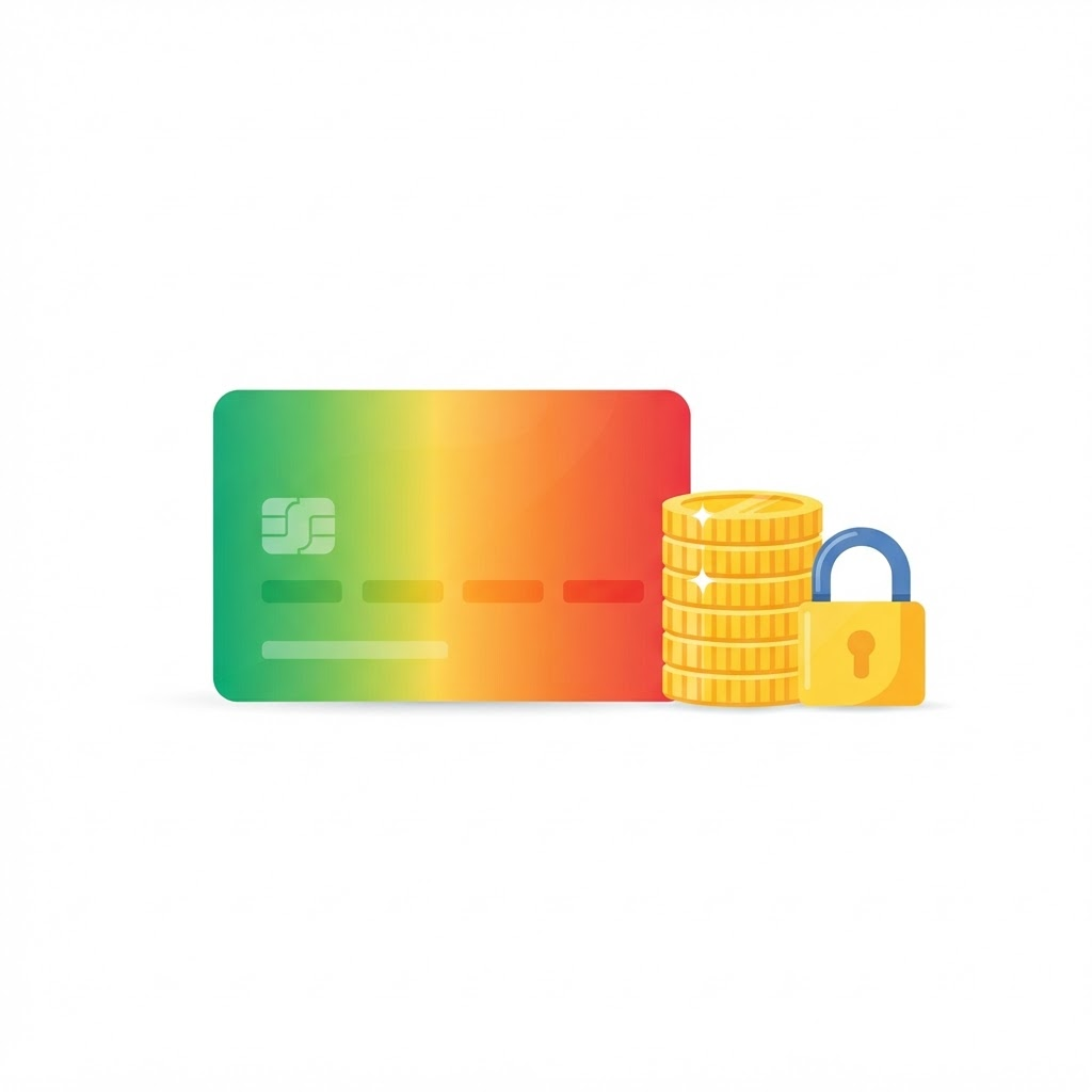 A credit card alongside coins and a padlock representing a security deposit